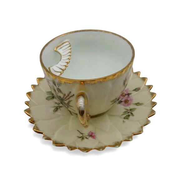 MOUSTACHE and Tea CUP with SAUCERS Delicate Floral Set with Gold Trim Vintage - Picture 7 of 15